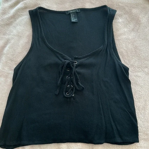 3 for $30 - EUC Black forever 21 crepe lace up tank top - Picture 1 of 5